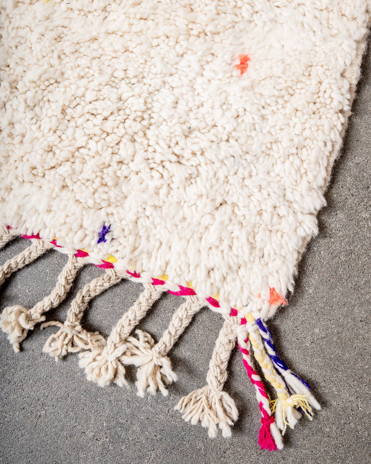 Modern, designer, handcrafted Berber rug from Morocco. Beniourain carpet with beautiful colours and patterns and fluffy wool texture.